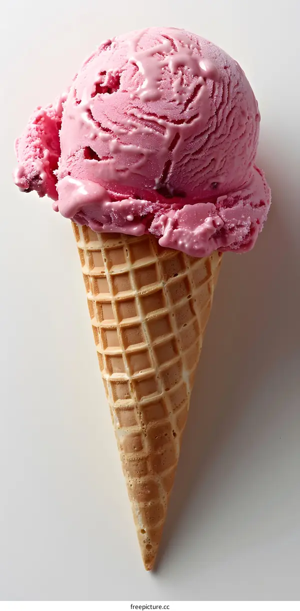 Close-up of a single scoop of strawberry ice cream in a waffle cone