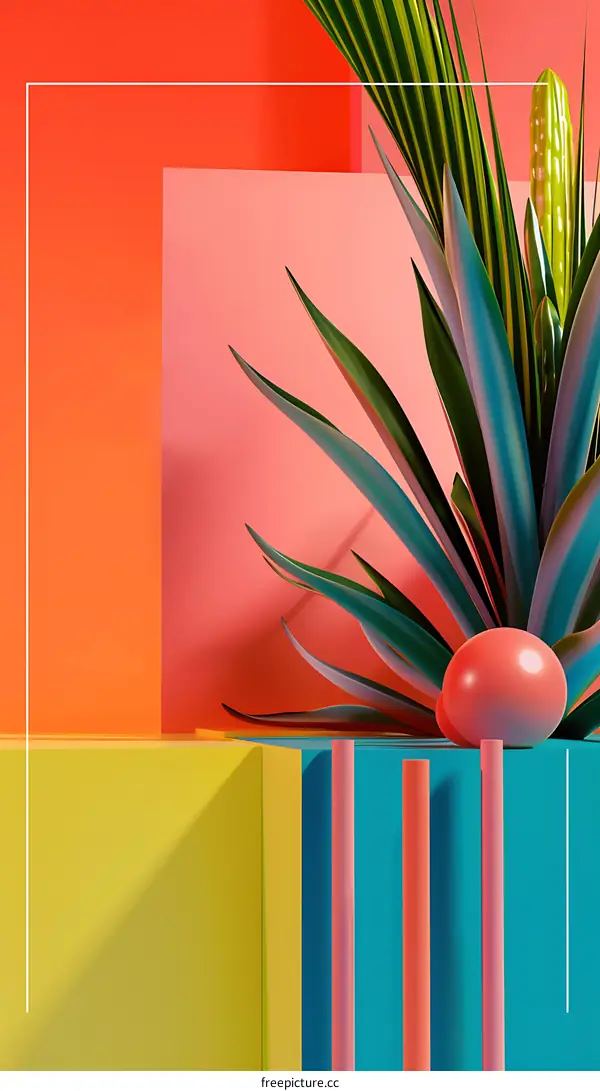 Abstract 3D Illustration of Palm Leaves with Bright Colors