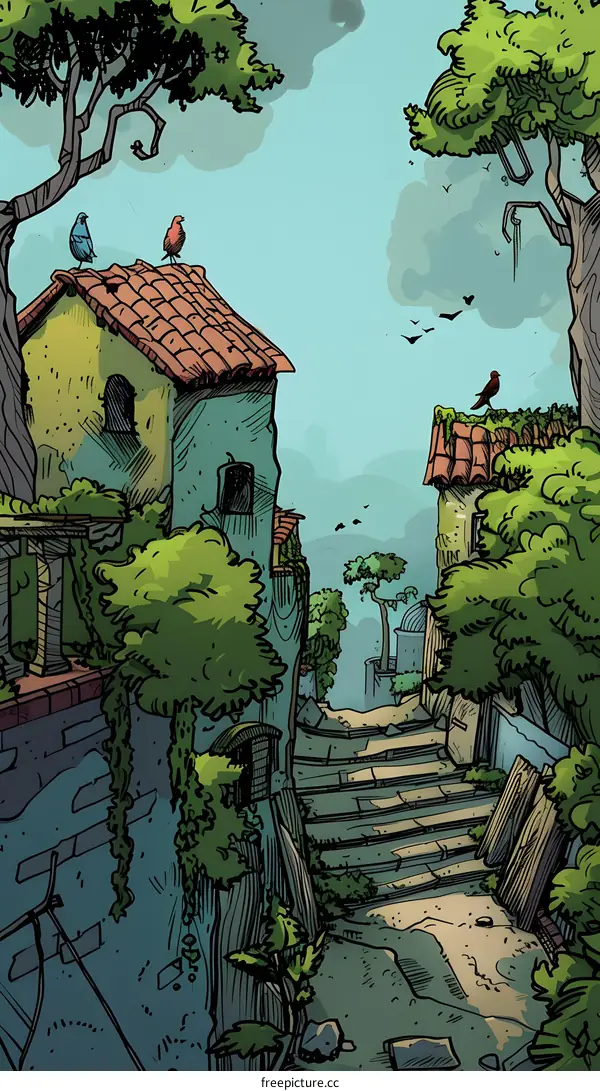 Cartoon Illustration of an Old Town with Green Trees and Steps