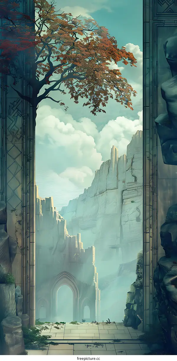 Fantasy Landscape with Stone Archway and Mountains