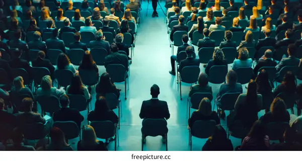 A man sitting alone in a conference room full of empty chairs