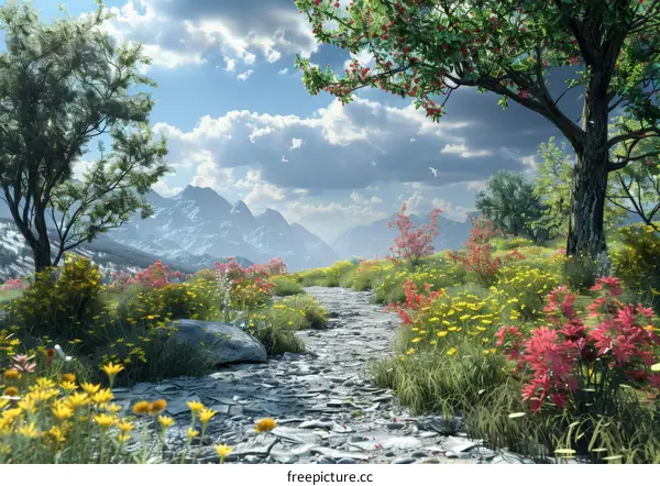 Colorful Flowers and Trees in the Mountains