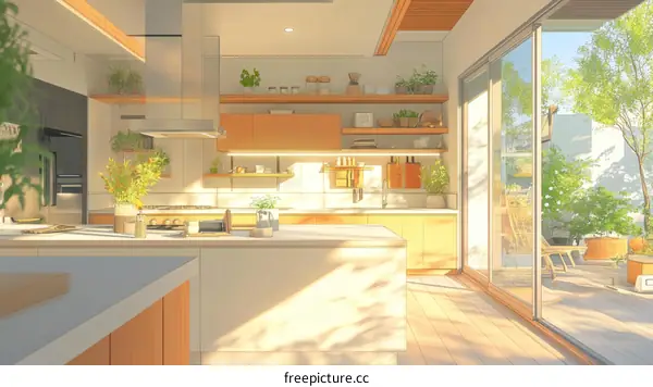 Sunny Kitchen with Patio View Illustration