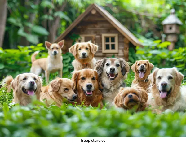 Canines in front of a wooden kennel