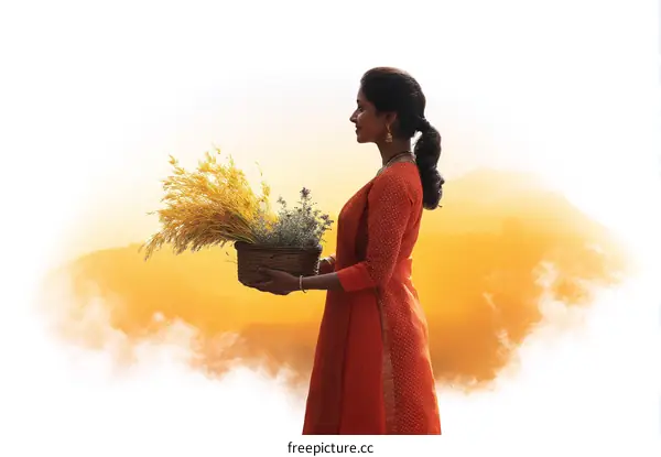 Woman Holding Basket with Flowers at Sunset