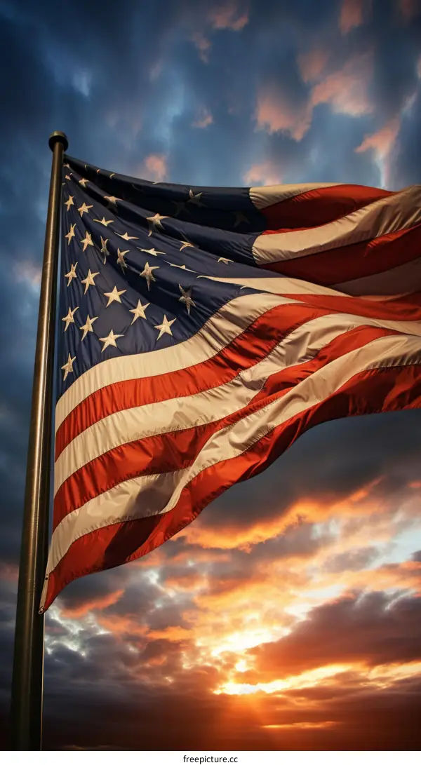 American flag waving in the wind at sunset