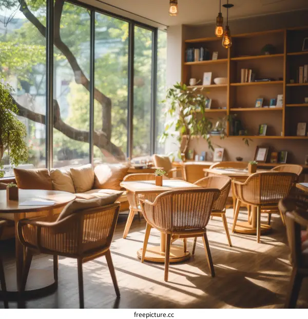 Cozy And Bright Cafe with Big Windows and Wicker Chairs