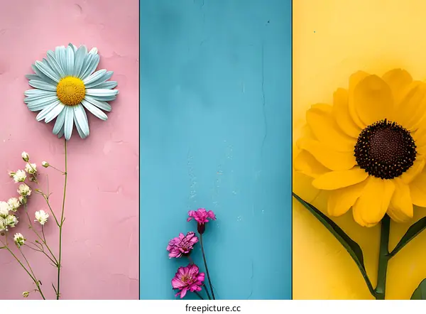 Colorful Flower Background With Pink Blue and Yellow Walls