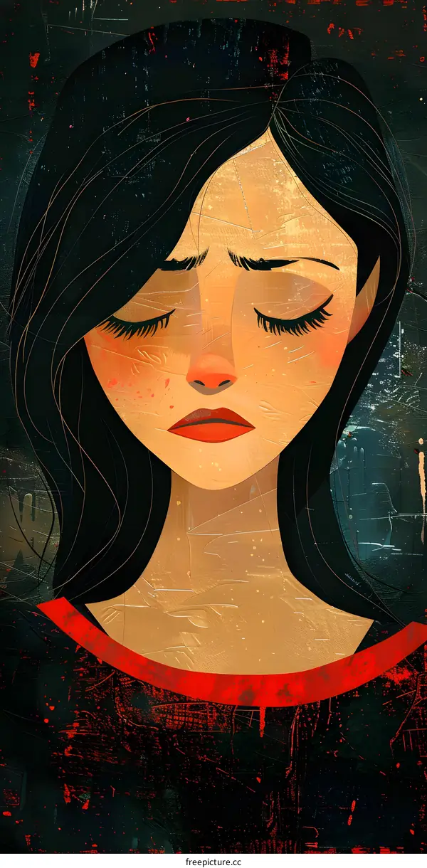A digital painting of a sad girl with long black hair and red lips