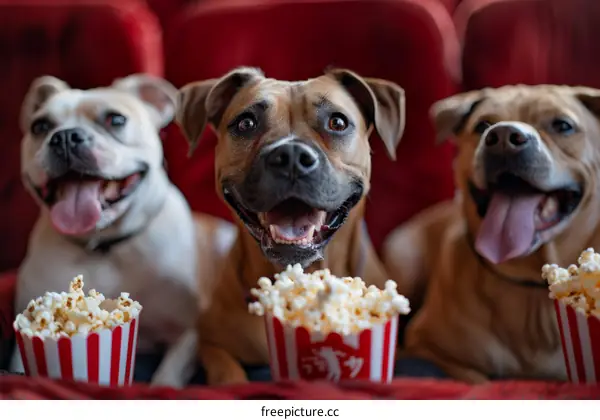 Three dogs sitting in a row on a red background
