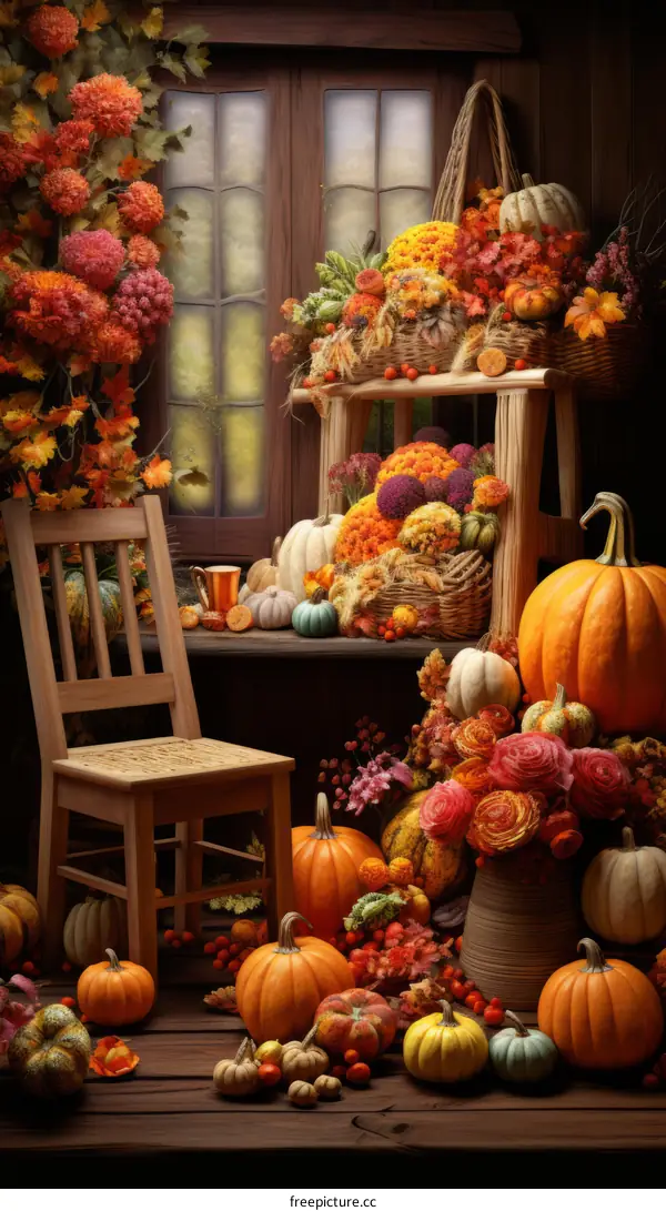 A beautiful still life of pumpkins, gourds, and flowers in a rustic setting