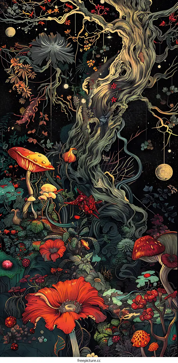 Fantastic Nighttime Forest Illustration with Lush Greenery and Flowers