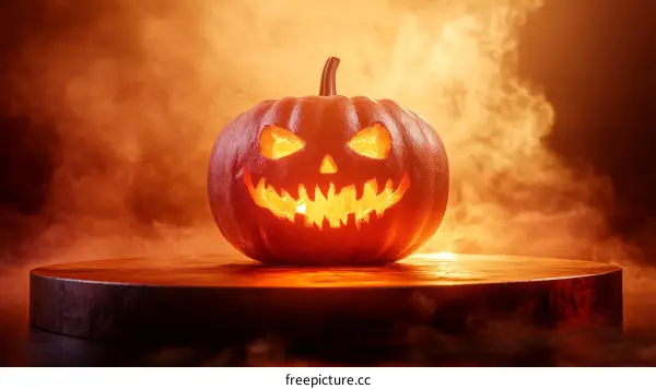 Scary Halloween Pumpkin on a Wooden Board