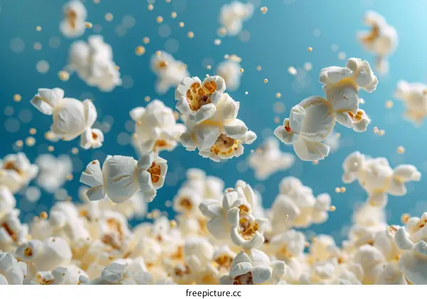 A blue background with a lot of white popcorn pieces that are falling