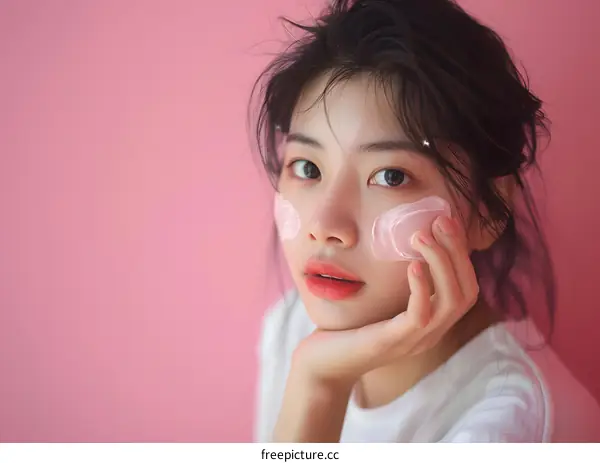 Young Asian Woman Applying Pink Face Mask on Pink Background