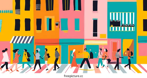 Colorful City Street Illustration with Diverse People Walking