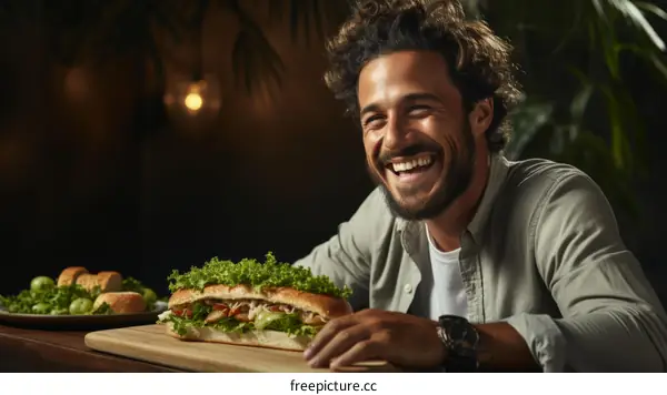 Middle Eastern man eating a sandwich