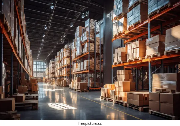 Organized Warehouse Interior with High Shelves and Cardboard Boxes
