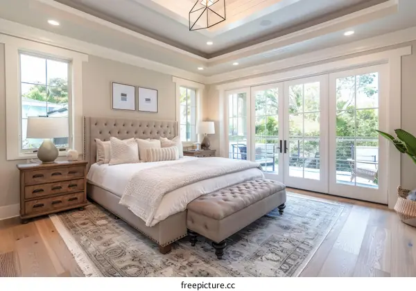 Elegant Master Bedroom with Tufted Bed and Wood Floors
