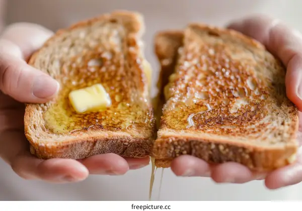 Someone's breaking apart a piece of toast with butter on it
