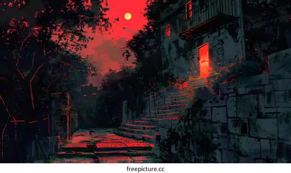 red moon over haunted house