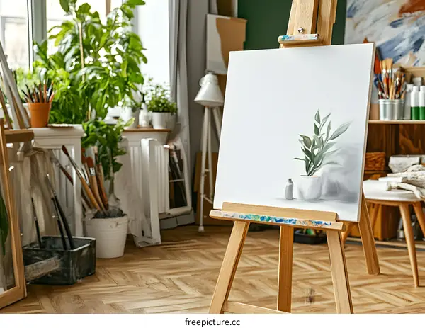 Canvas Painting Of Plant On Easel In Artist Studio