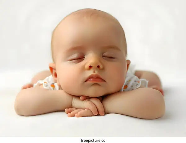 A sleeping baby is lying on a white blanket