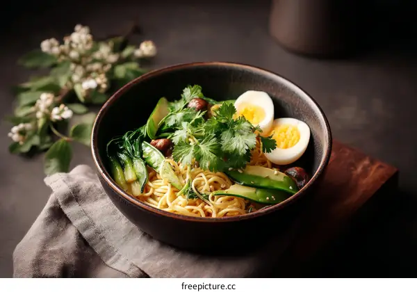 Delicious Asian Noodle Bowl with Vegetables and Eggs