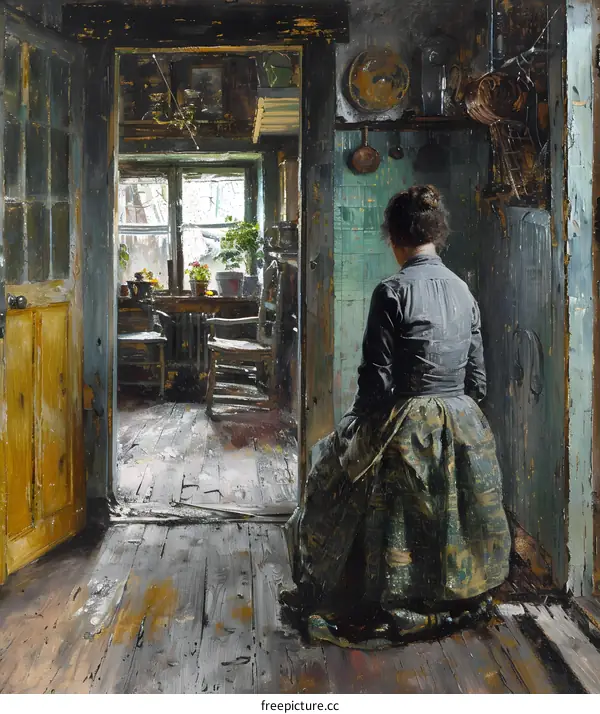 Woman Kneeling in a Humble Kitchen