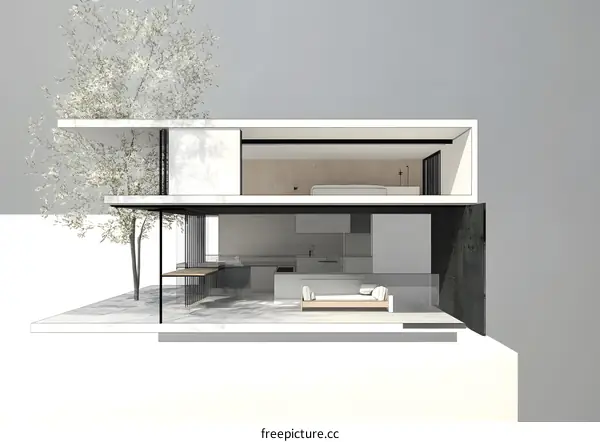 Modern House Architecture Design with Tree and Open Interior