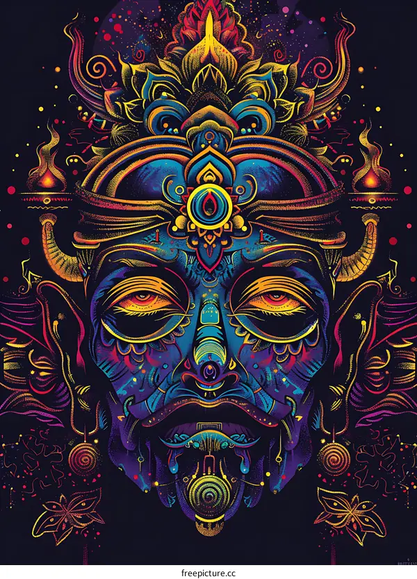 Abstract Colorful Psychedelic Illustration with a Deity Face