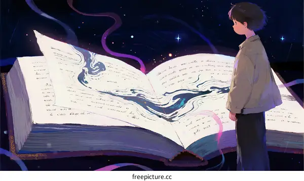 A Boy Standing Before an Open Magical Book with Flowing Ink
