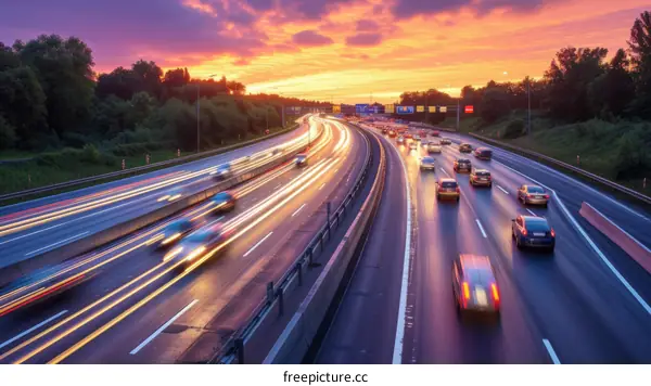 Long exposure photography of a busy highway at sunset