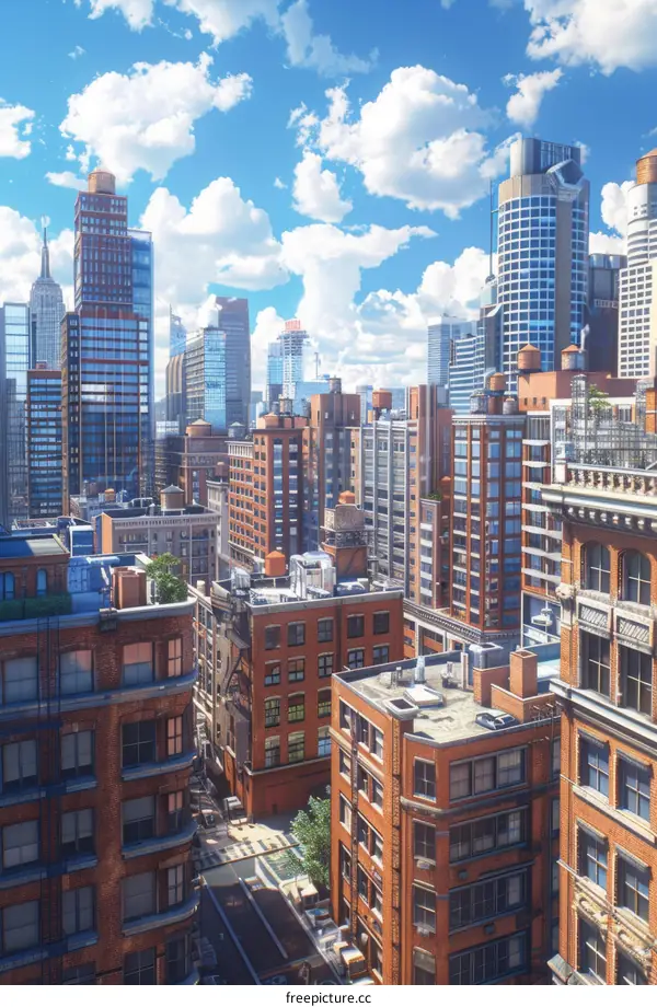 Modern Cityscape with Tall Buildings and Blue Sky