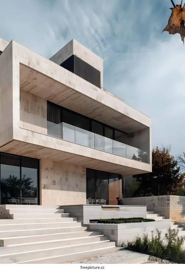 Modern Architecture Exterior With Stone Facade And Glass Railings