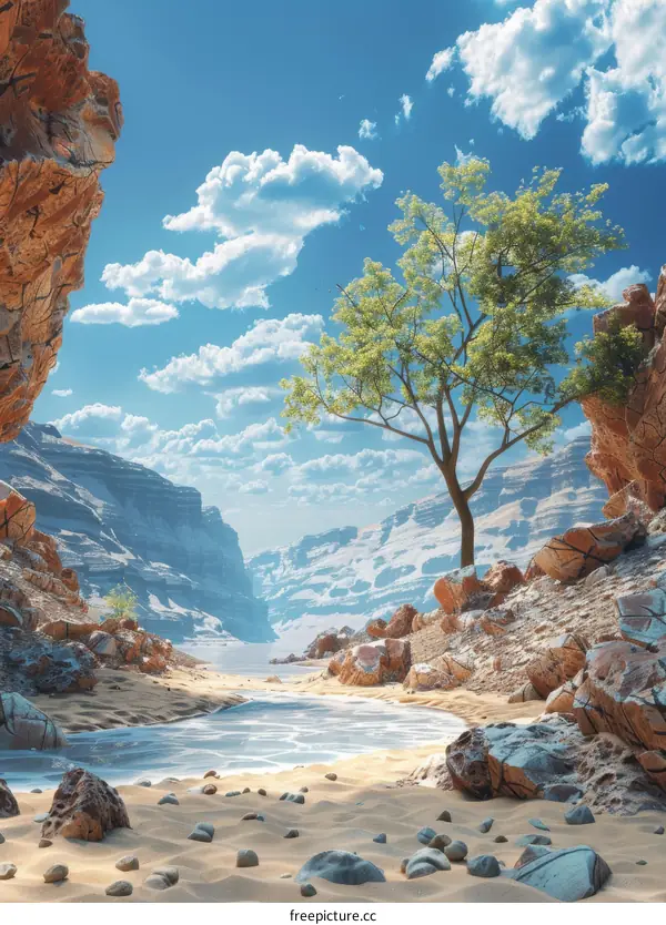 Desert Oasis with Tree and River