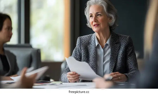 Senior Businesswoman Reading Documents in a Meeting