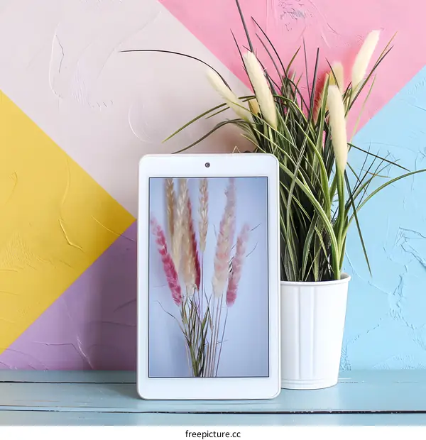 White Tablet With Plant Background On Color Wall