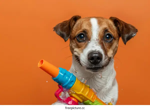 A wet dog is holding a water gun in its mouth