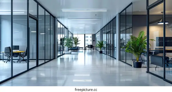 Office interior with glass walls and modern furniture