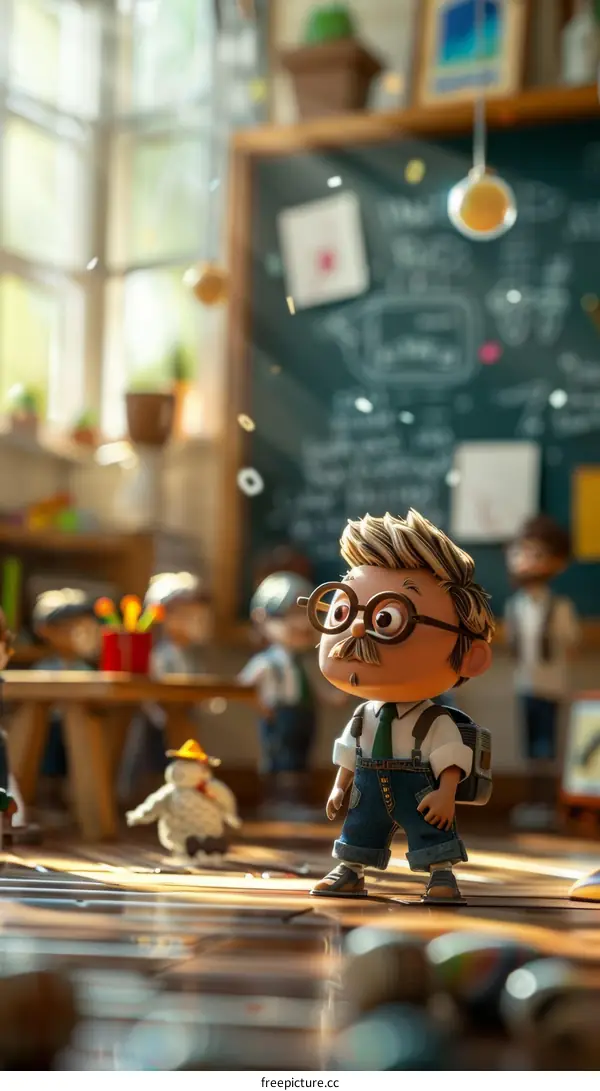 An illustration of a male teacher standing in a classroom