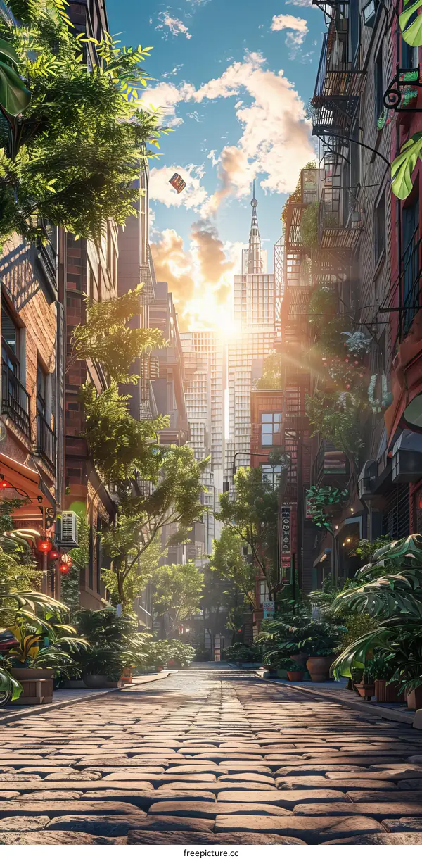 City Street Scene Illustration with Lush Vegetation