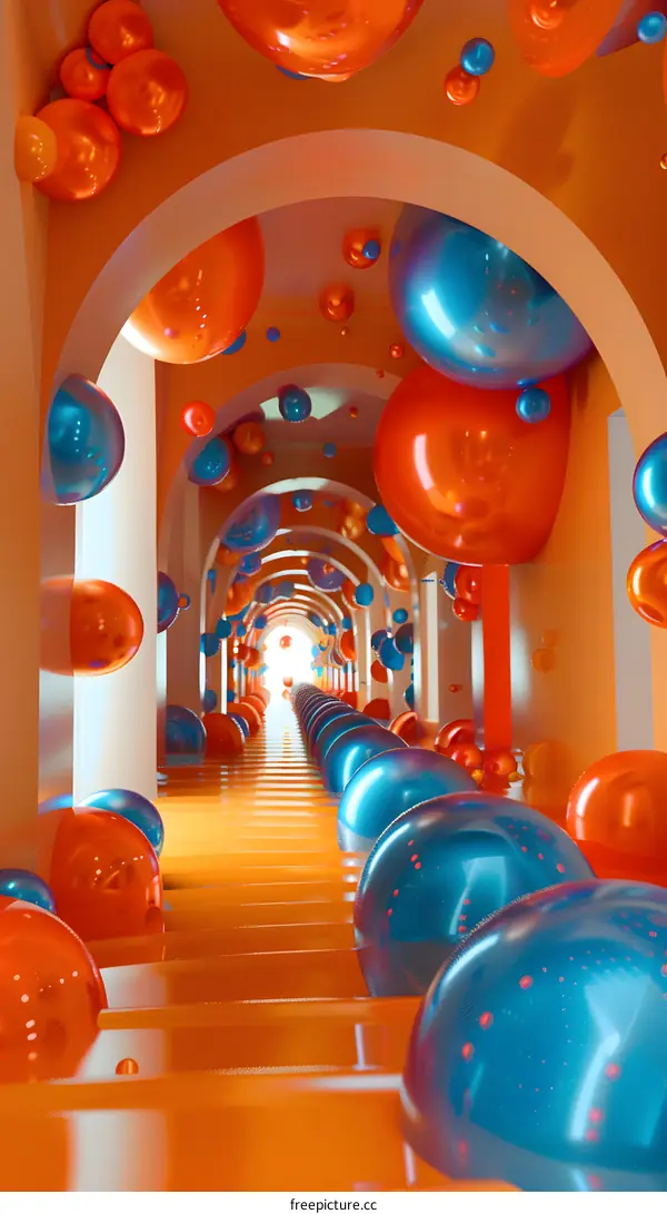 Abstract 3D Art with Orange and Blue Spheres in a Tunnel