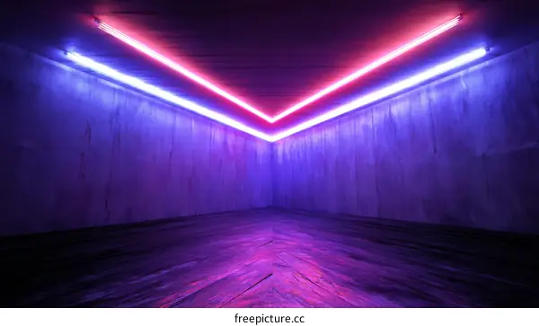 Neon Light Corridor with Wooden Flooring