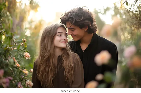 Couple in Love Posing in a Garden with Roses