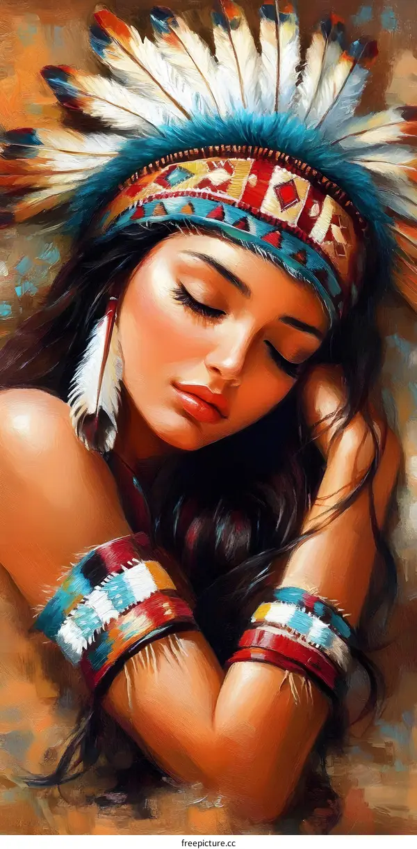 Native American Woman Wearing Traditional Headdress and Jewelry