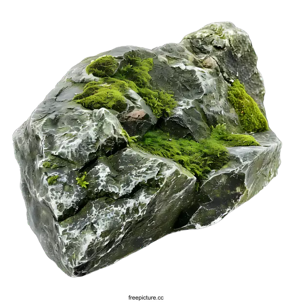 [Transparent Background PNG]Green Moss Covered Rock Isolated on White Background
