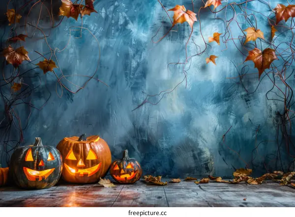 Three Halloween pumpkins with scary faces carved on them sit in front of a blue stone wall with dead vines hanging down