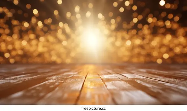 Wooden table with golden bokeh background