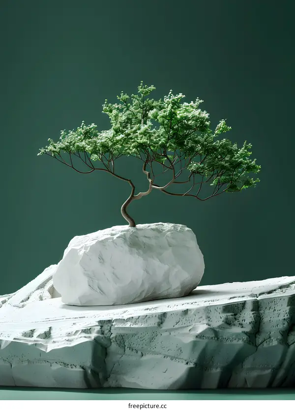 A bonsai tree on a rock with a green background